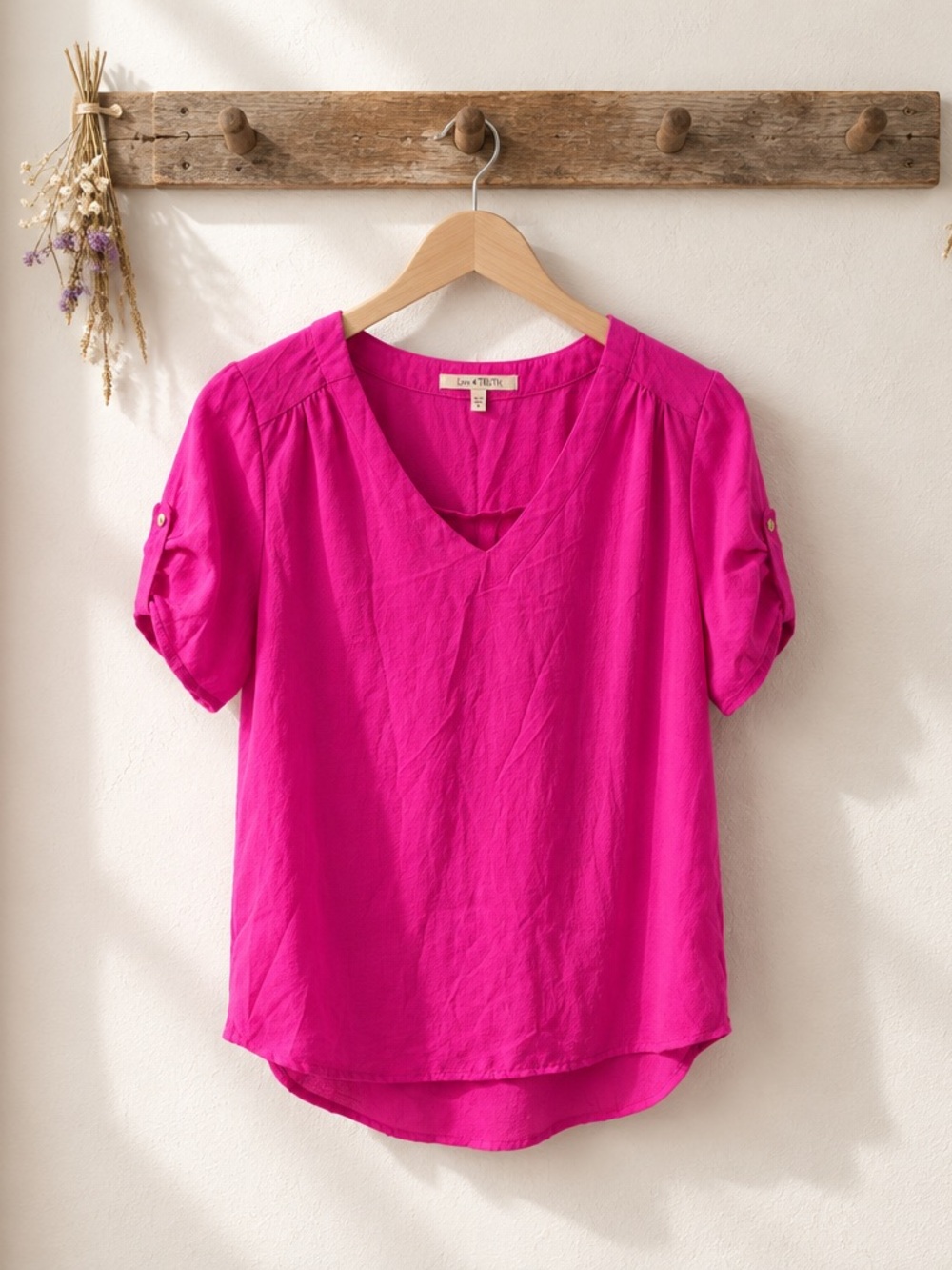 Live 4 Truth Bright Fuchsia V-Neck Roll-Tab Sleeve Blouse